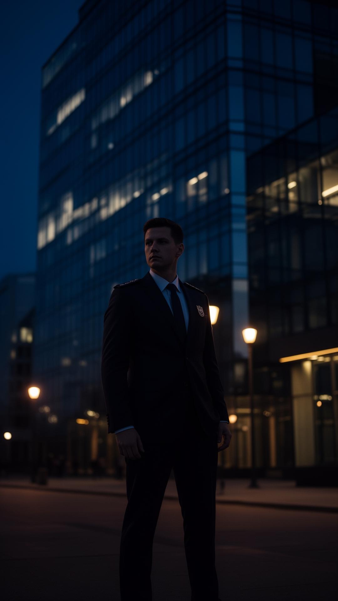 Professionele beveiliger bij een modern kantoorgebouw in de avond